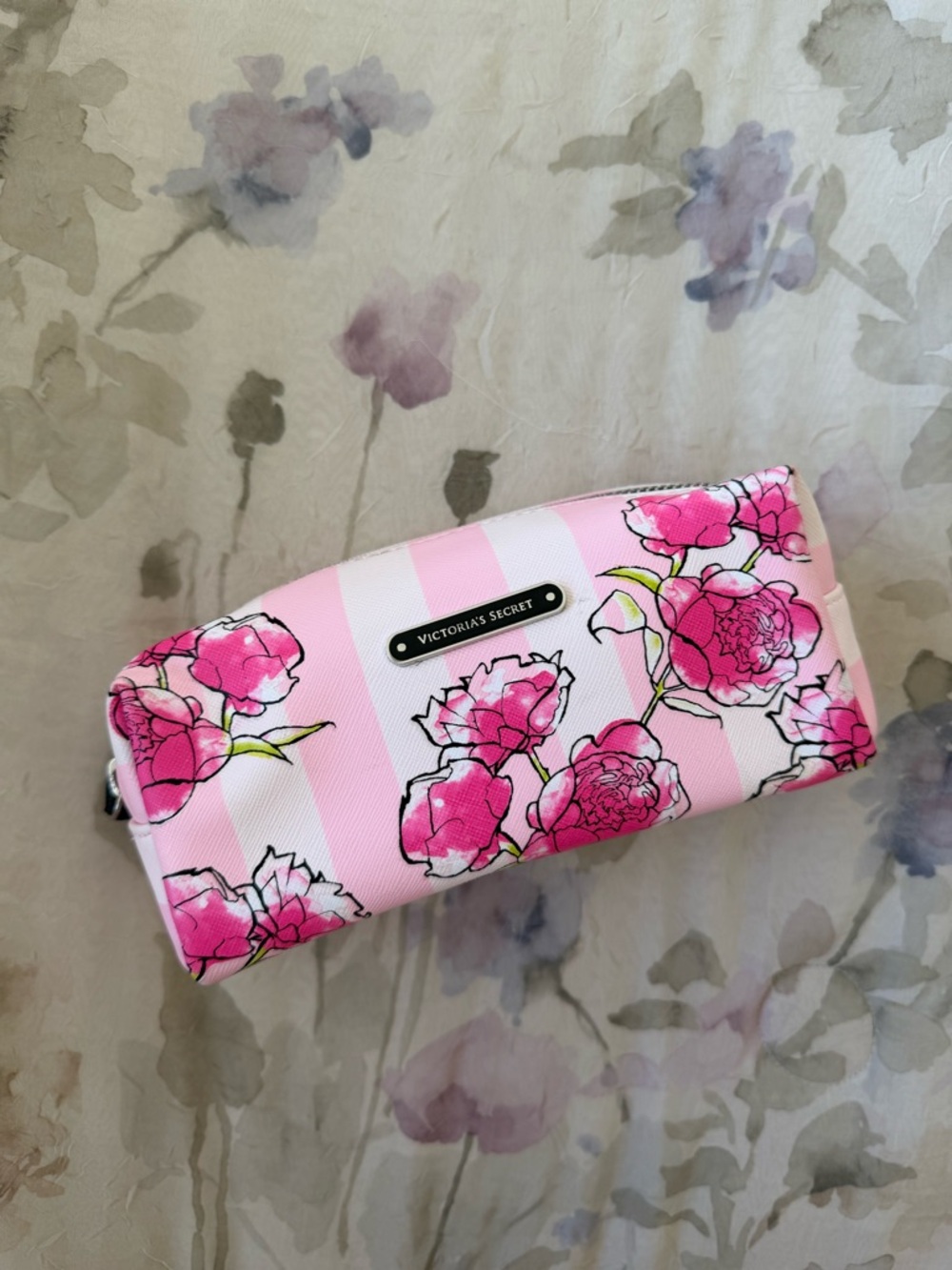 Victoria's Secret Pink Striped Floral Makeup Pouch